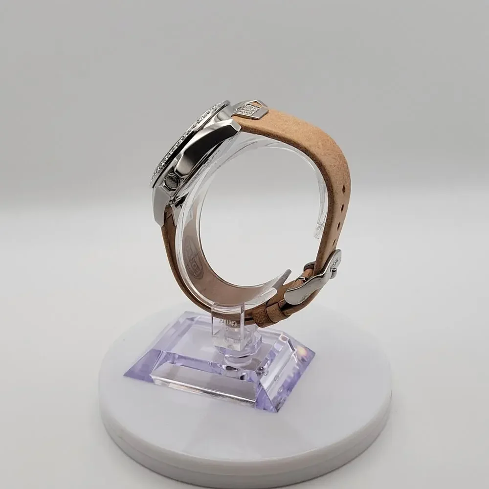 Fossil ES-3889 Womens Watch Crystal Bezel Silver Dial Tan Leather Strap New Batt